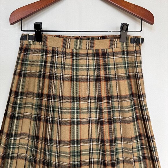 Vintage 80s The Edinburgh Woolen Mill Tan Plaid Pleated Wrap Midi Skirt Size 8 - Picture 8 of 13